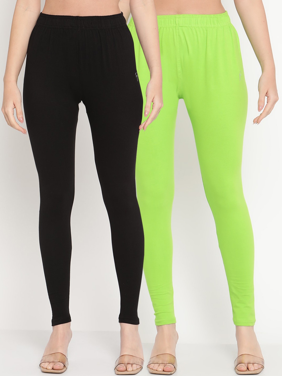 

TAG 7 Women Pack Of 2 Solid Ankle-Length Leggings 98% Cotton, Black