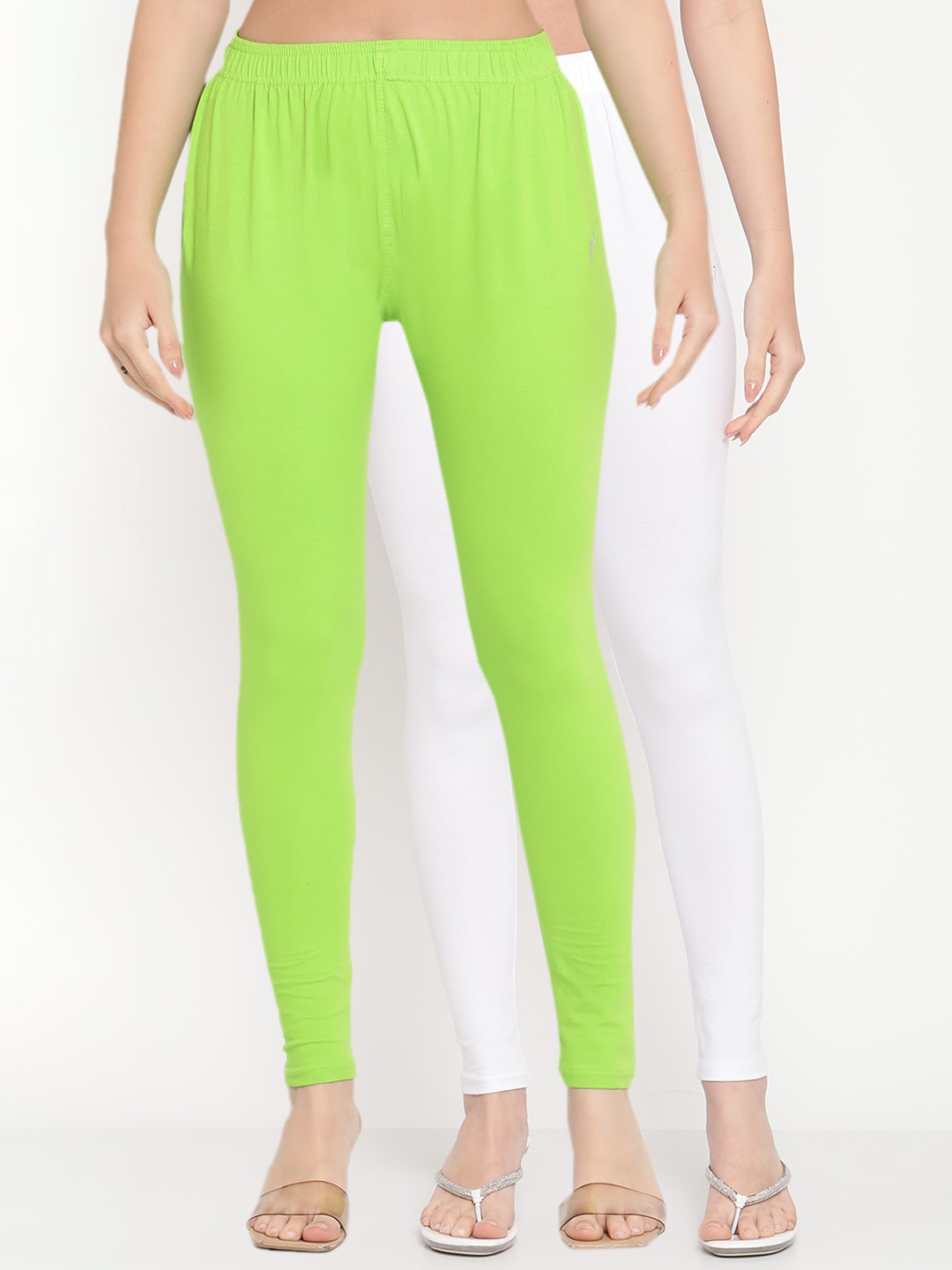 

TAG 7 Women Pack Of 2 Green & White Solid Ankle-Length Leggings