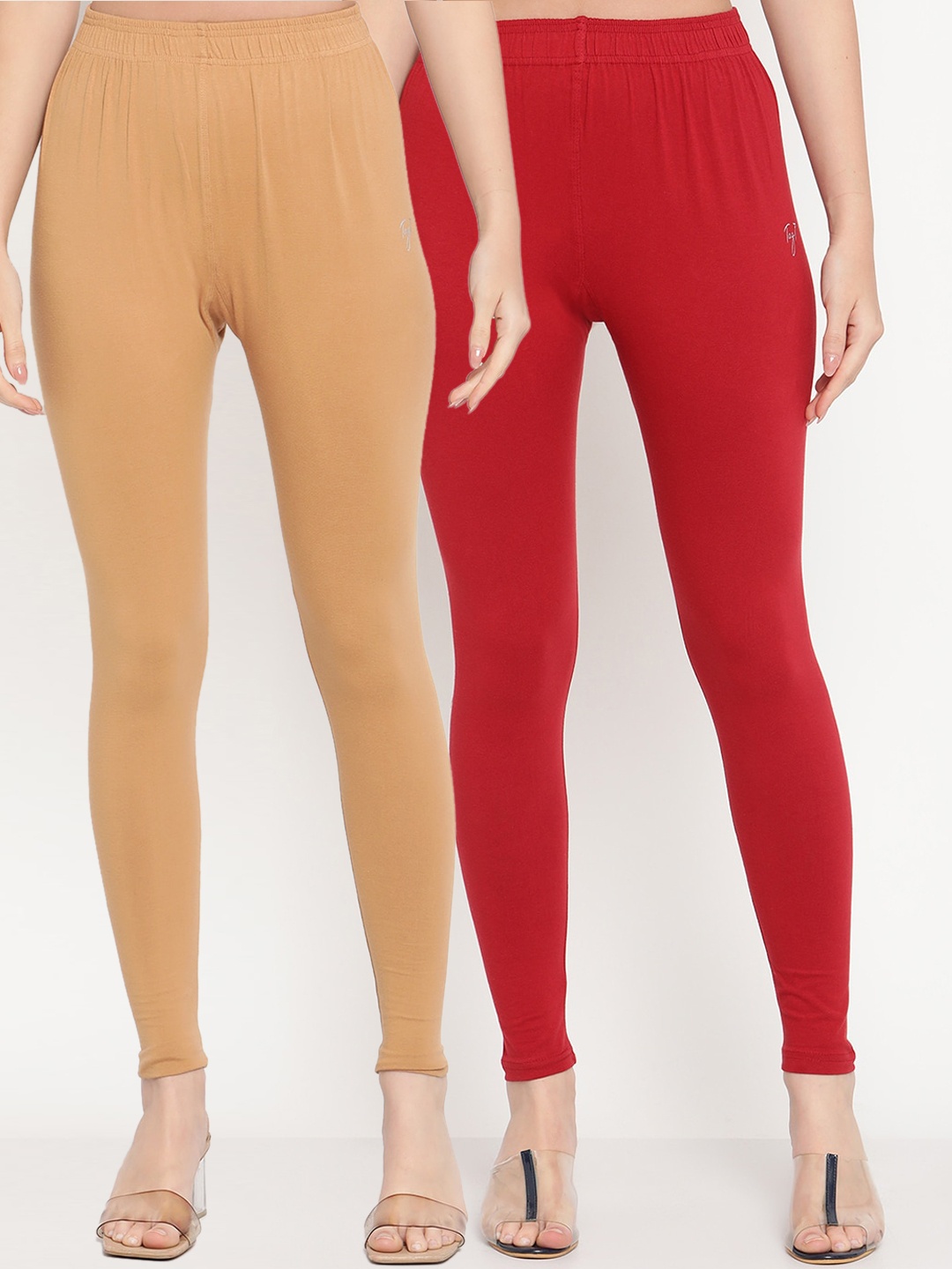 

TAG 7 Women Pack Of 2 Maroon & Beige Solid Ankle-Length Leggings