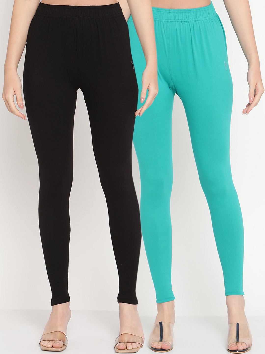 

TAG 7 Women Pack Of 2 Solid Comfort-Fit Ankle-Length Leggings, Black