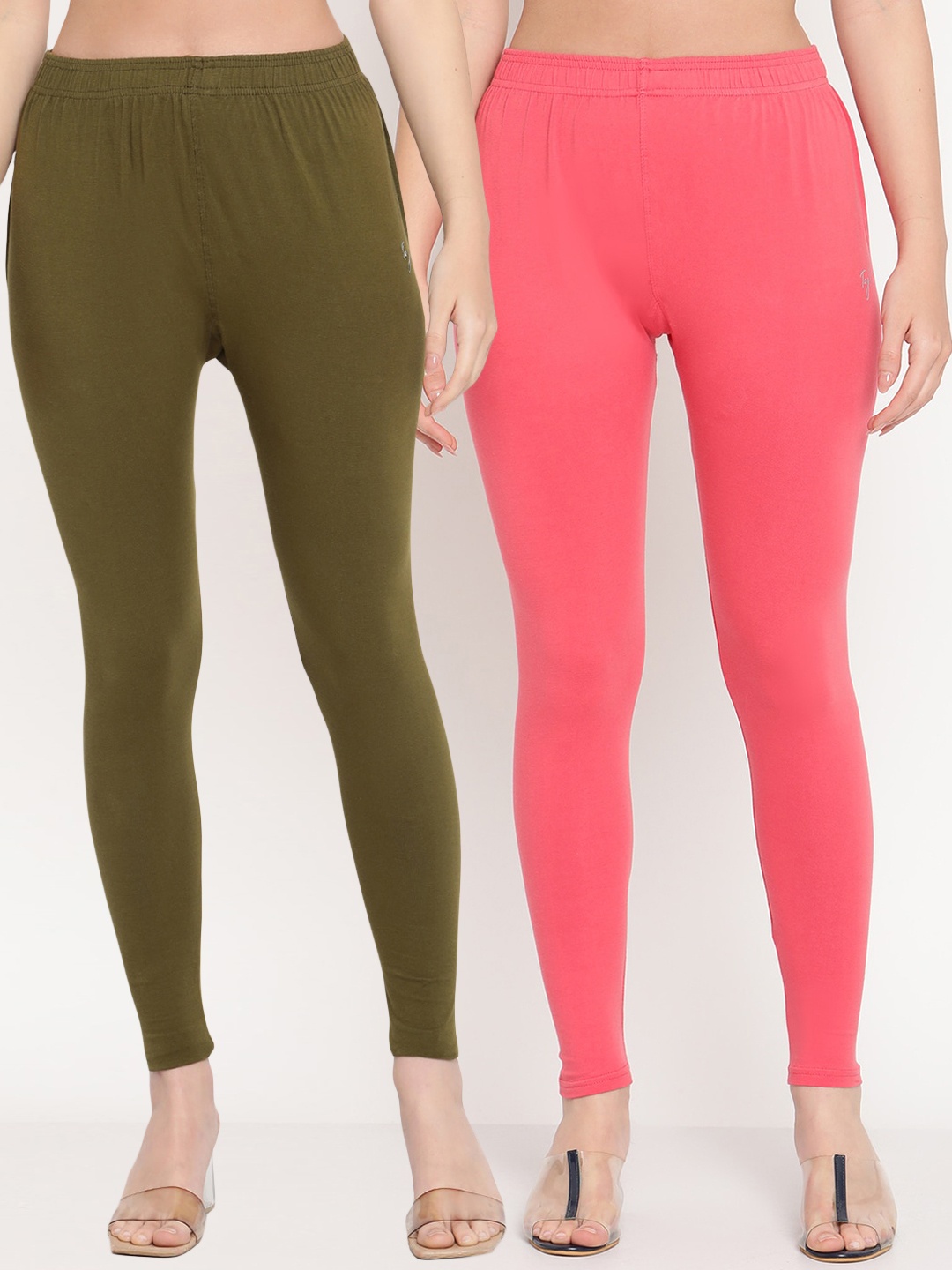 

TAG 7 Women Pack Of 2 Solid Comfort Fit Ankle-Length Leggings, Pink