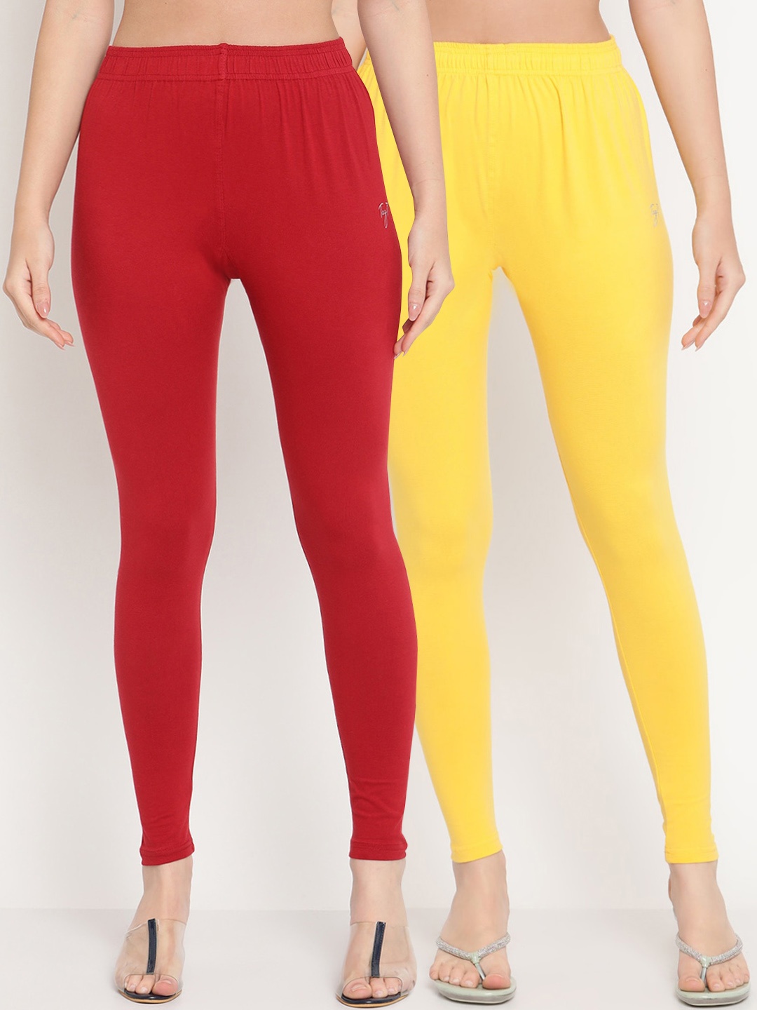 

TAG 7 Women Pack of 2 Maroon and Yellow Solid Ankle Length Leggings