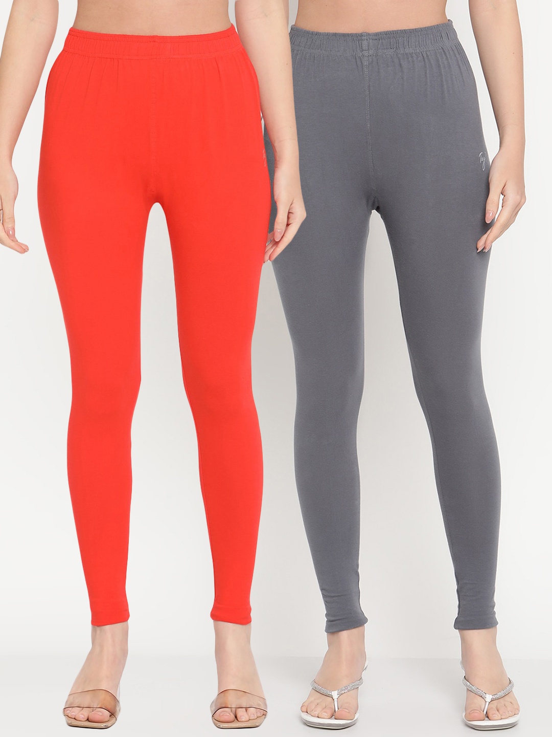 

TAG 7 Women Pack Of 2 Orange & Grey Solid Ankle-Length Leggings