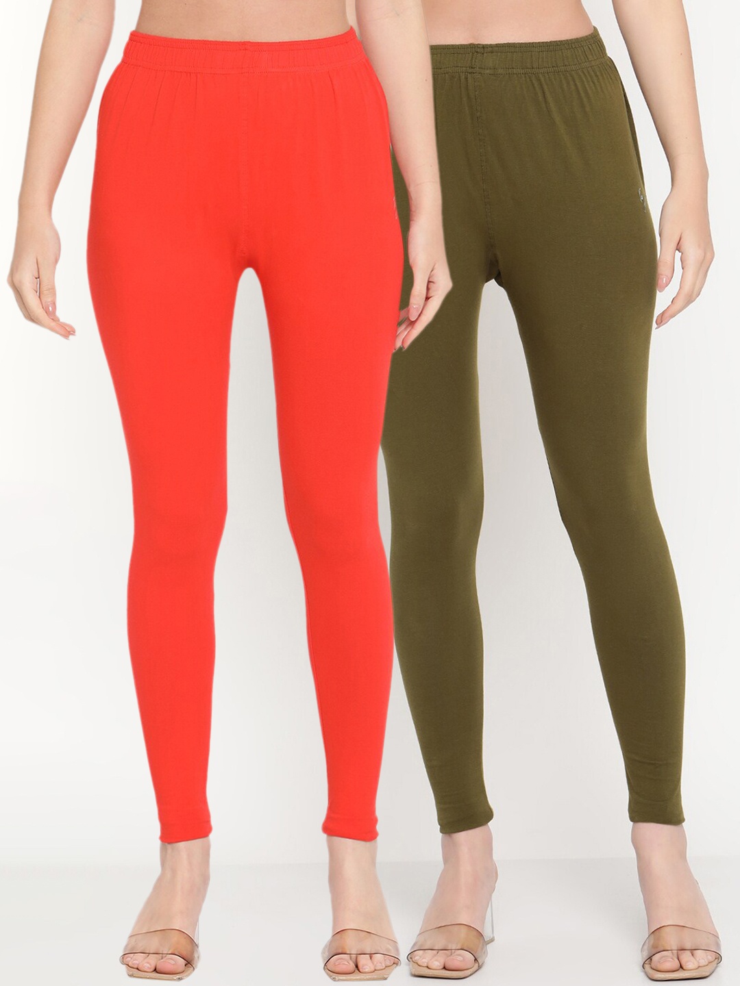 

TAG 7 Women Pack of 2 Orange & Olive Green Solid Ankle Length Leggings