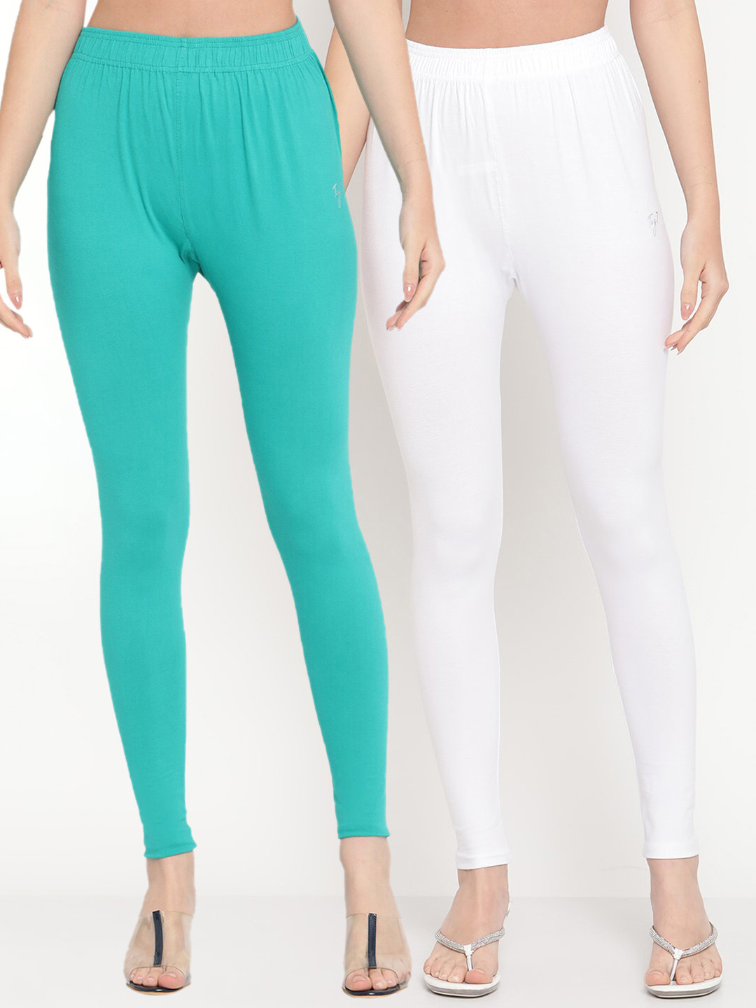 

TAG 7 Women Pack Of 2 White & Blue Solid Ankle-Length Leggings