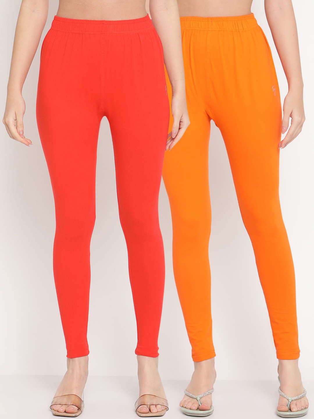 

TAG 7 Women Orange & Coral Pack of 2 Solid Comfort Fit Ankle Length Leggings