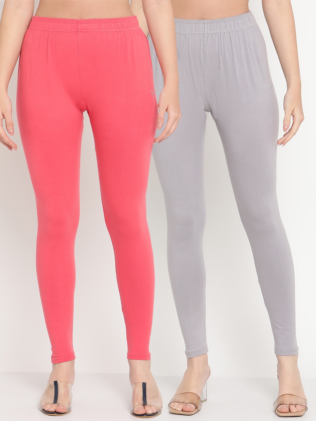

TAG 7 Women Pack Of 2 Solid Comfort-Fit Ankle-Length Cotton Leggings, Pink