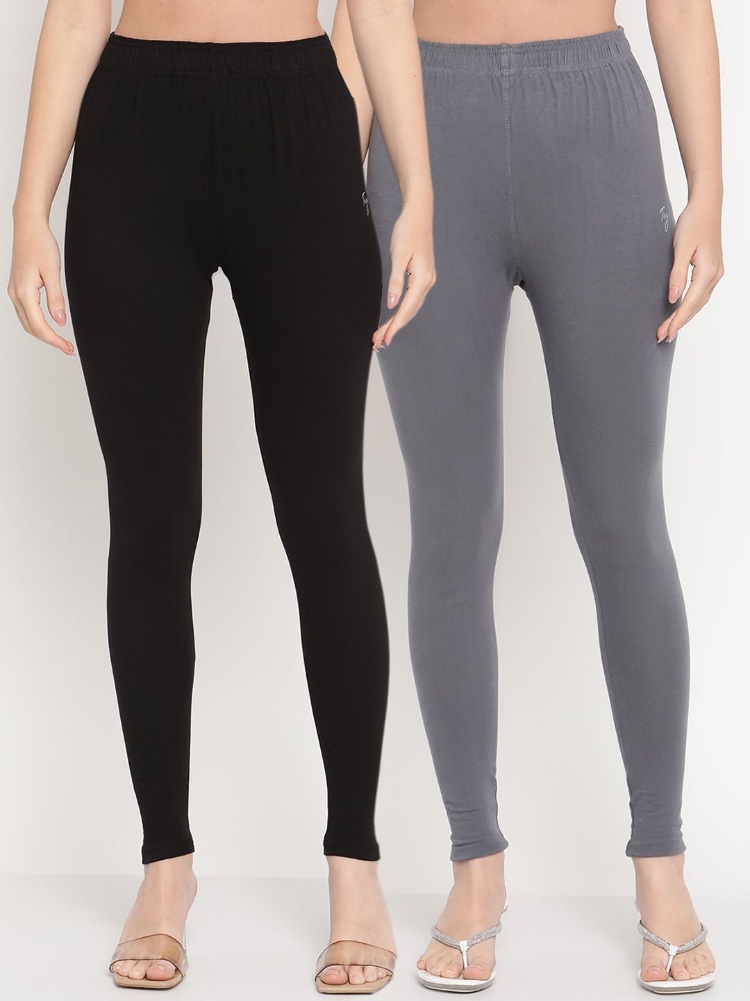 

TAG 7 Women Pack Of 2 Solid Comfort-Fit Ankle-Length Cotton Leggings, Black