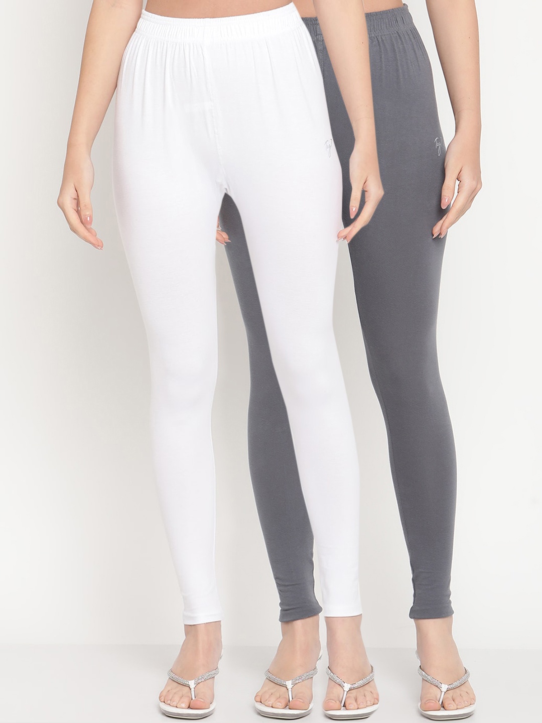 

TAG 7 Women White & Grey Solid Ankle-Length Leggings Pack Of 2