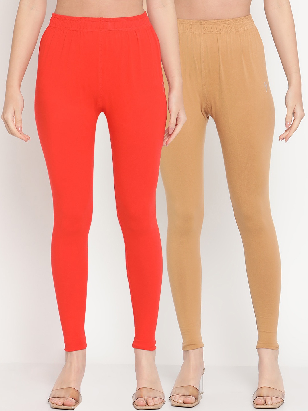 

TAG 7 Women Pack Of 2 Orange & Beige Solid Ankle-Length Leggings