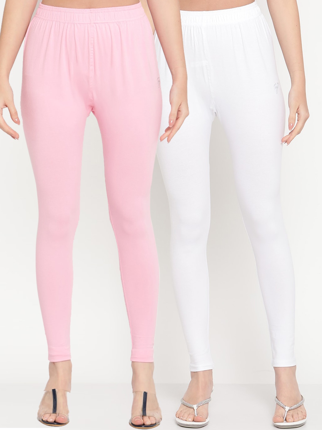 

TAG 7 Women Pack Of 2 White & Pink Solid Comfort-Fit Ankle-Length Leggings