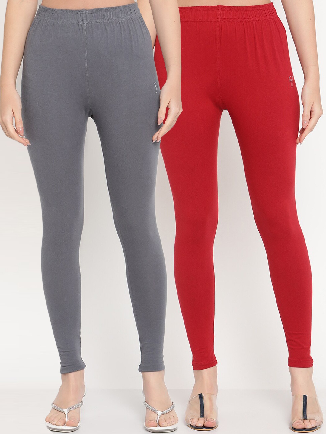 

TAG 7 Women Grey & Maroon Solid Ankle-Length Leggings Pack Of 2