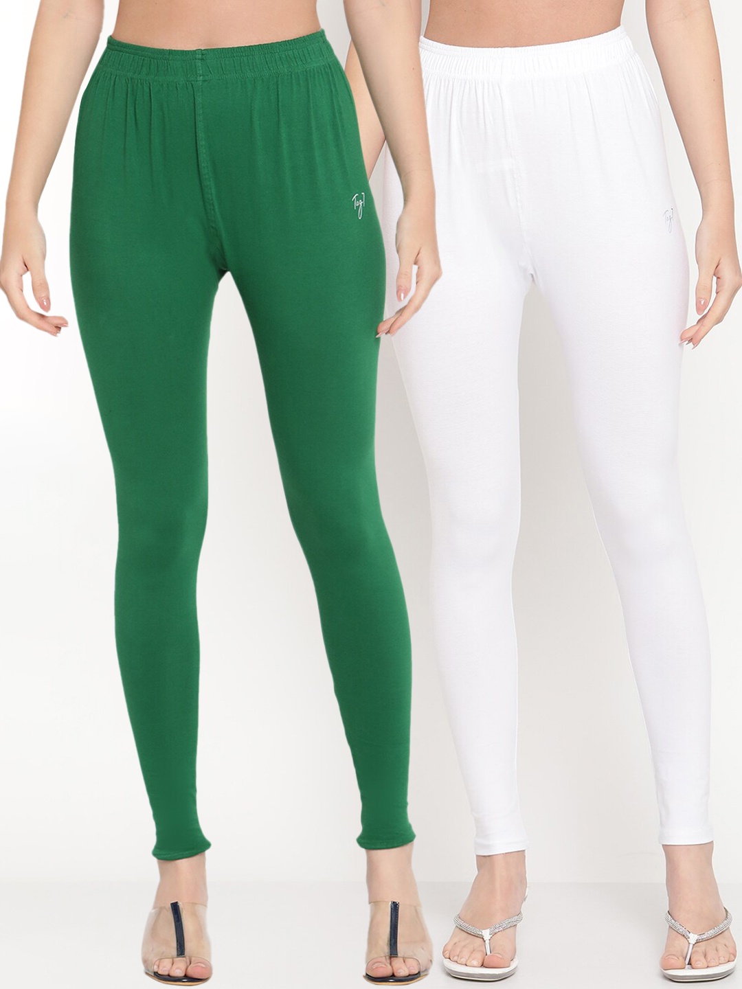 

TAG 7 Women Pack of 2 White & Green Solid Comfort Fit Ankle Length Leggings