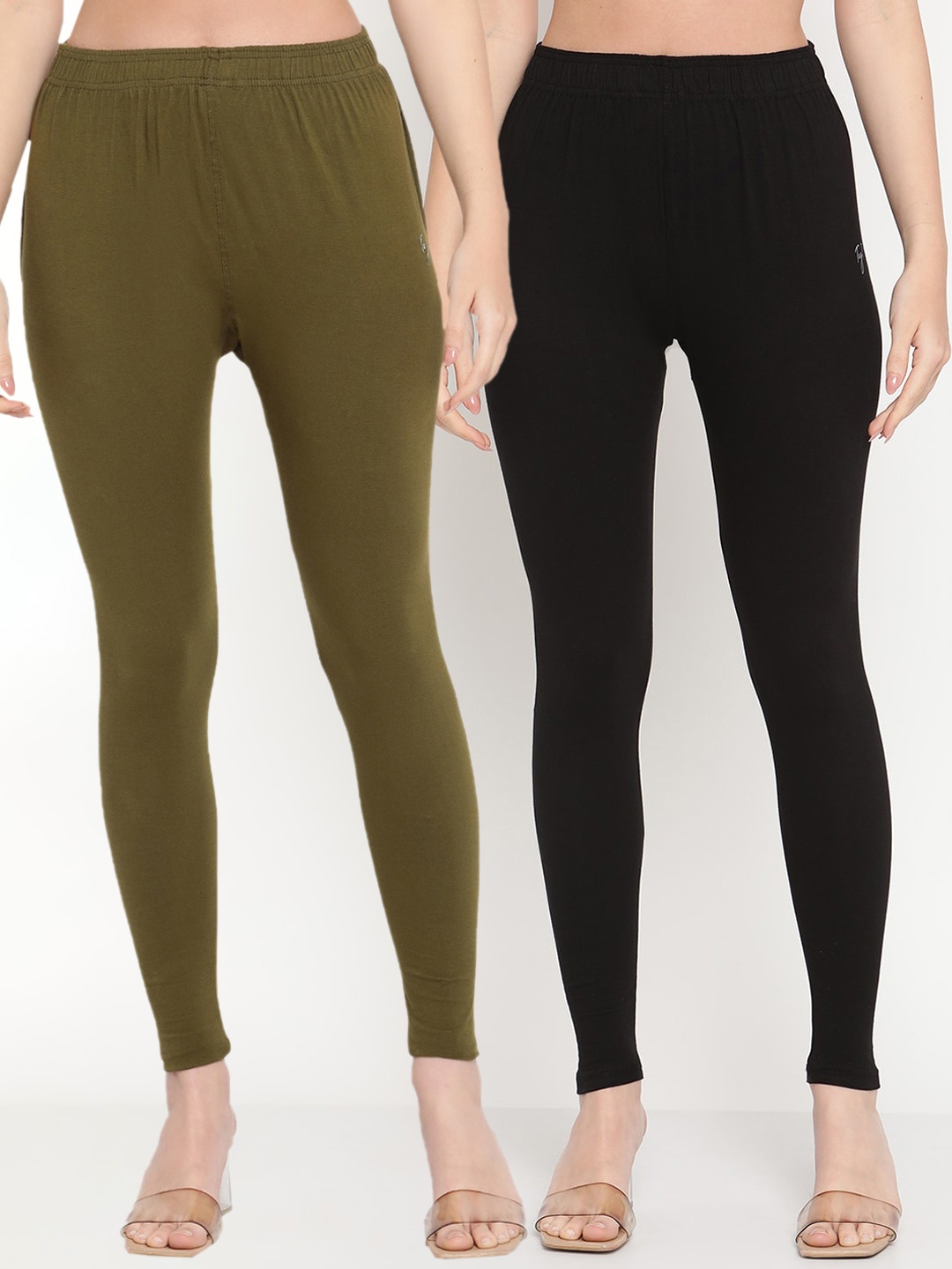 

TAG 7 Women Pack Of 2 Solid Comfort-Fit Ankle-Length Leggings, Black