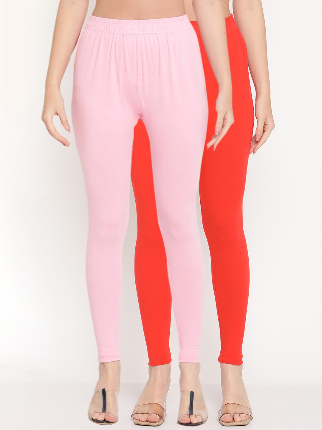 

TAG 7 Women Pack of 2 Orange & Pink Solid Comfort Fit Ankle Length Leggings
