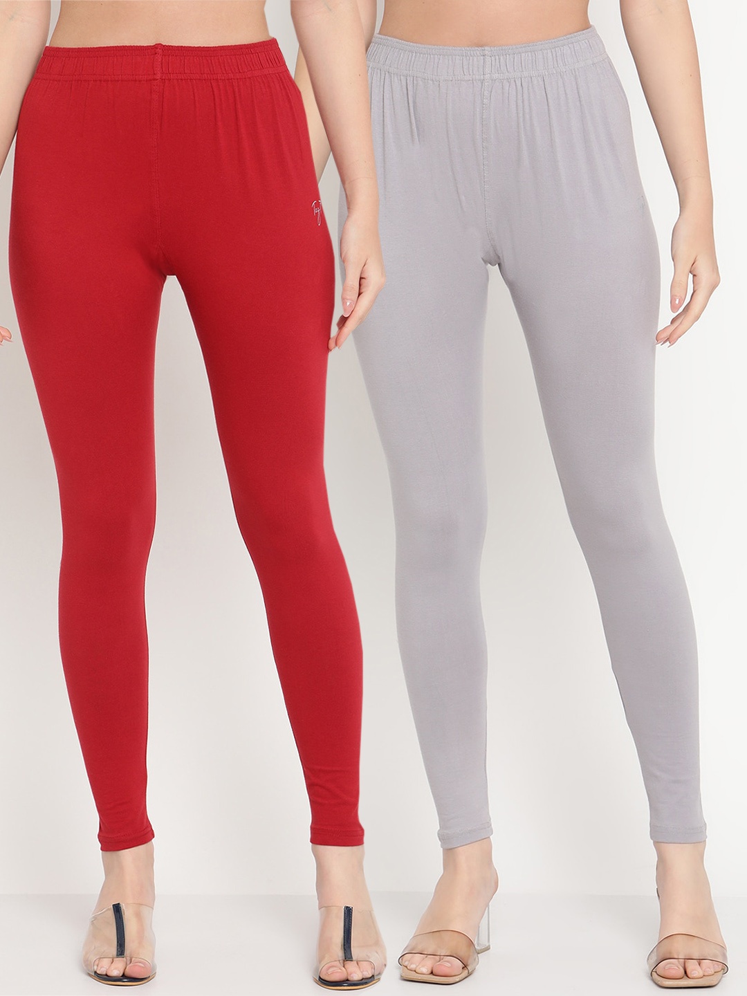 

TAG 7 Women Maroon & Grey Solid Ankle-Length Leggings Pack Of 2