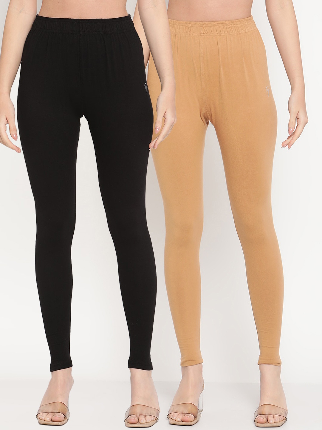 

TAG 7 Women Pack Of 2 Solid Comfort-Fit Ankle-Length Leggings, Black