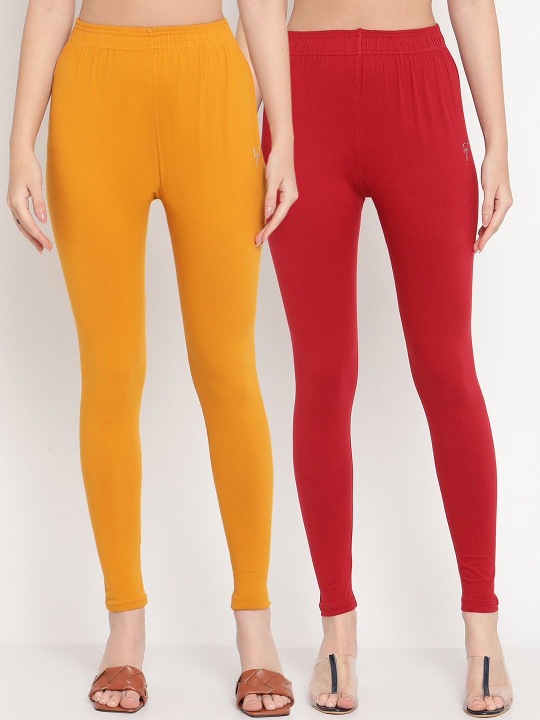 

TAG 7 WomenPack Of 2 Maroon & Yellow Solid Comfort-Fit Ankle-Length Leggings