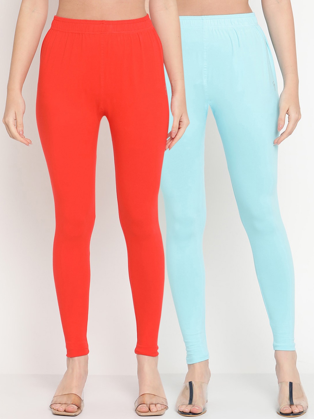 

TAG 7 Women Orange & Blue Solid Ankle-Length Leggings Pack Of 2