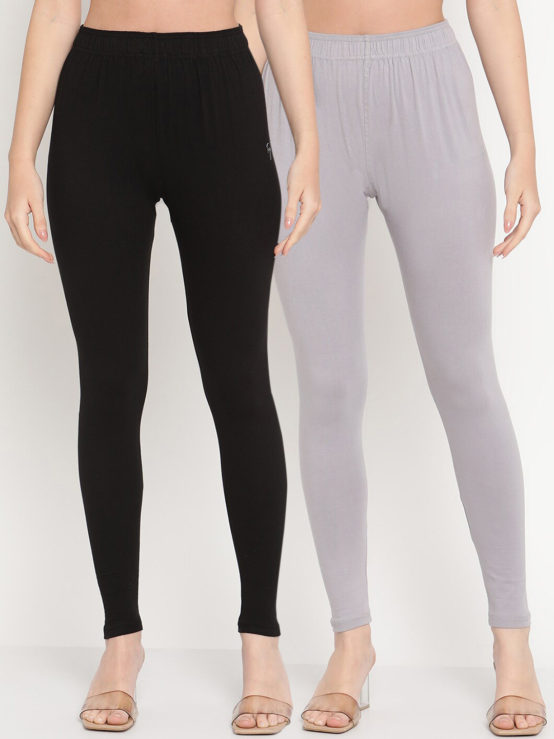 

TAG 7 Women Pack Of 2 Solid Comfort-Fit Ankle-Length Leggings, Black