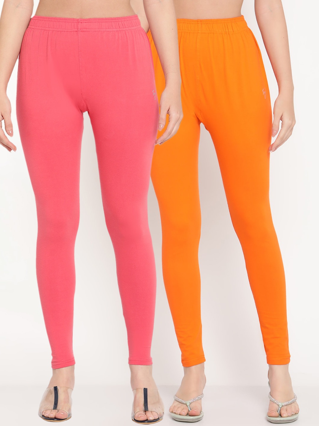 

TAG 7 Women Pack Of 2 Pink & Orange Solid Comfort-Fit Ankle-Length Leggings
