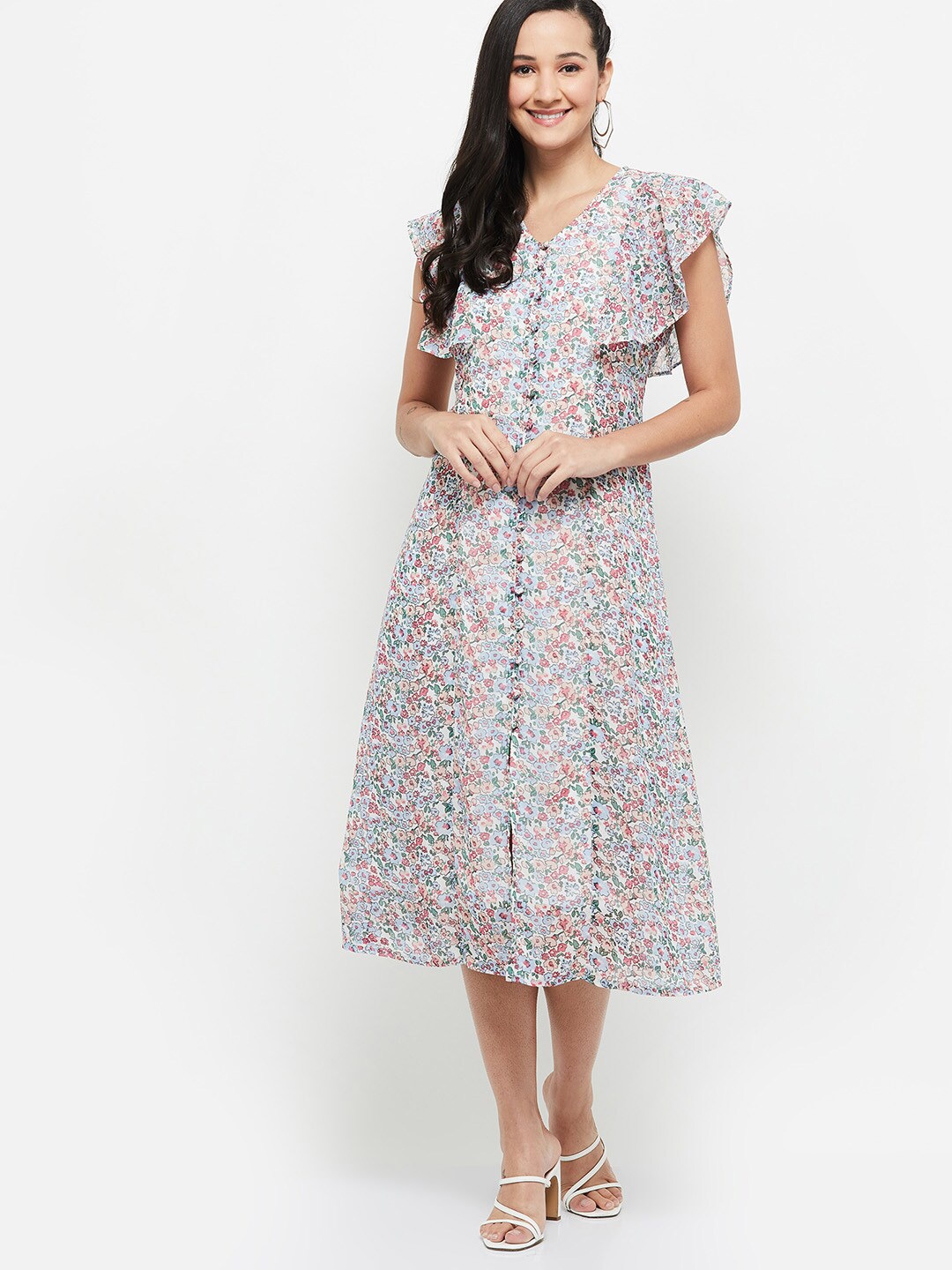 

max White Floral A-Line Midi Dress