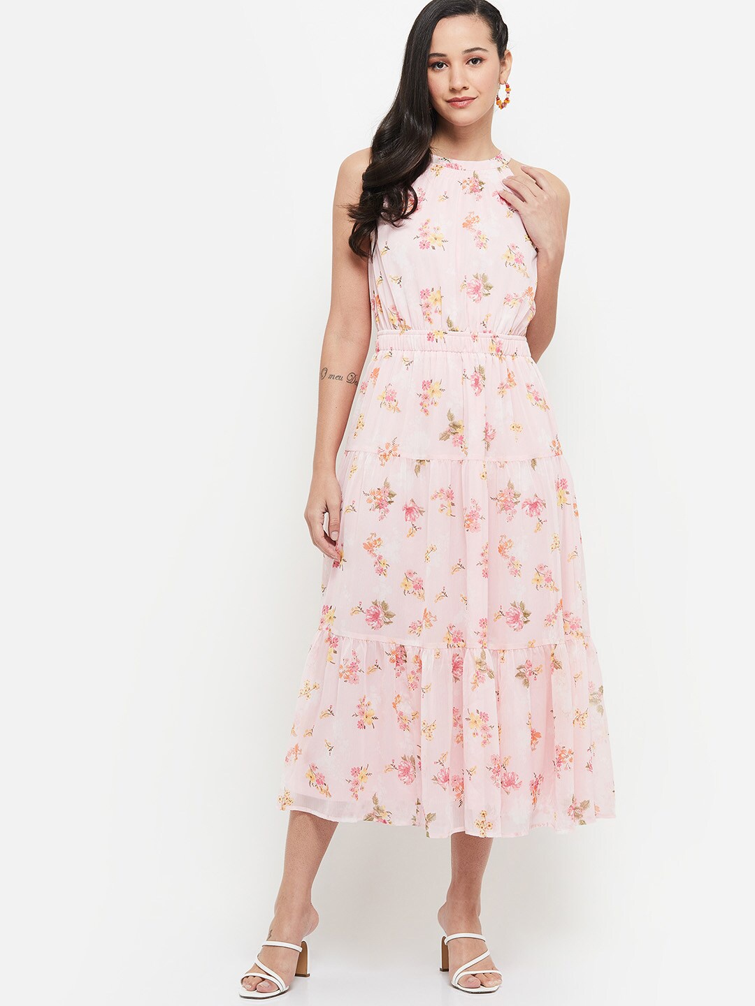 

max Pink Floral Choker Neck Midi Dress