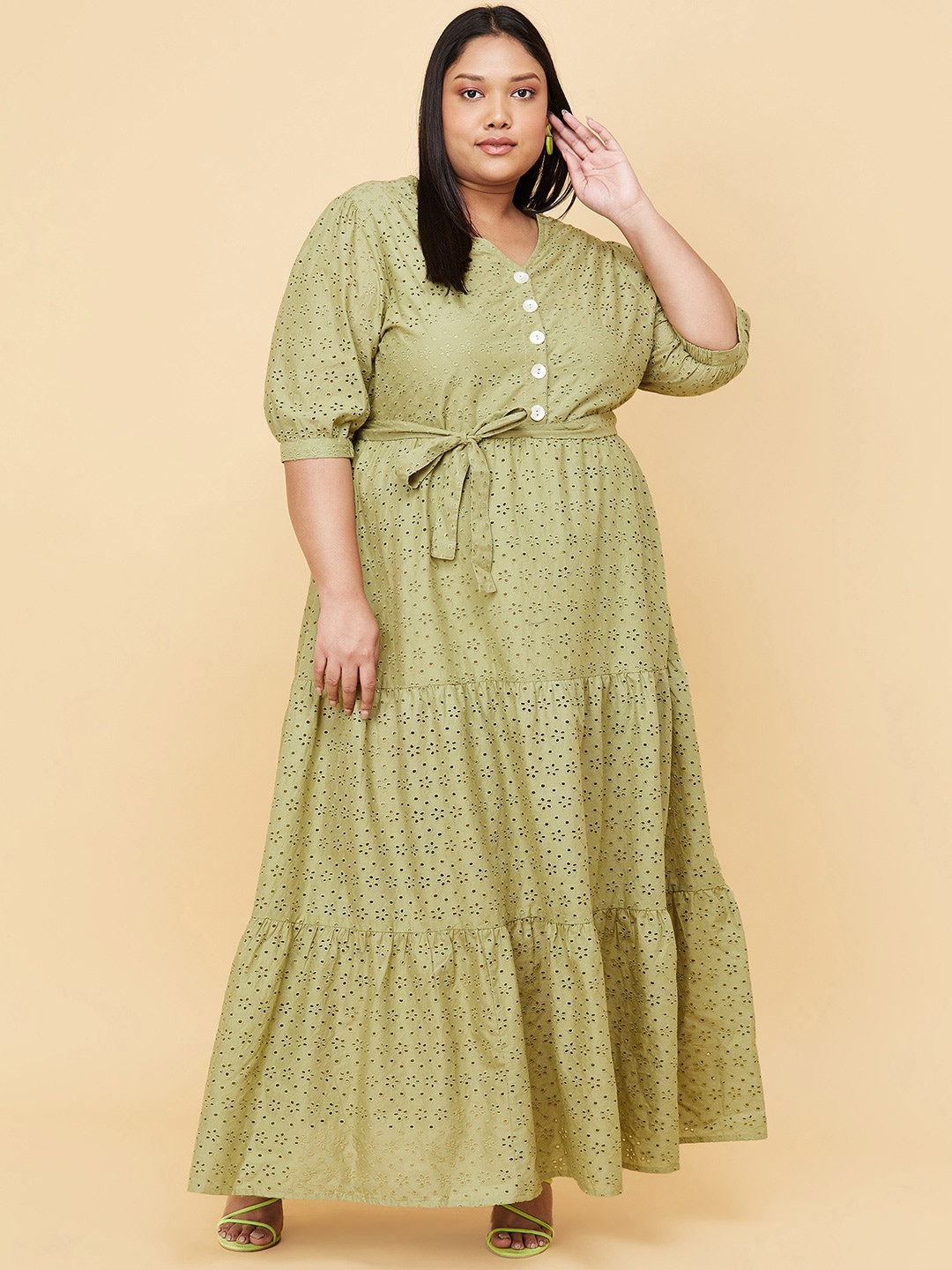 

max Plus Size Olive Green Pure Cotton Schiffli Maxi Dress