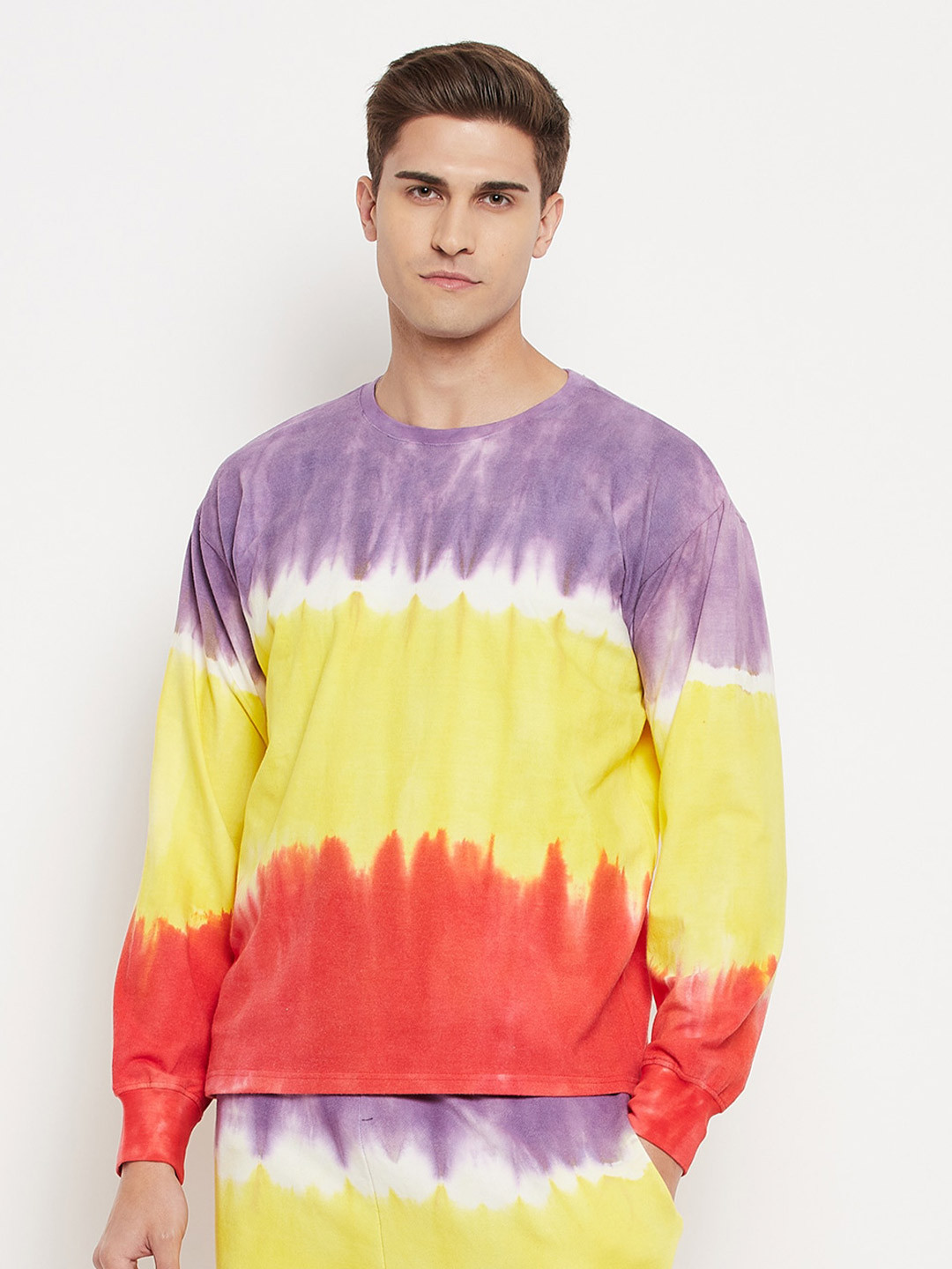 

FUGAZEE Men Blue & Yellow Tie and Dye Dyed Drop-Shoulder Sleeves Cotton Loose T-shirt