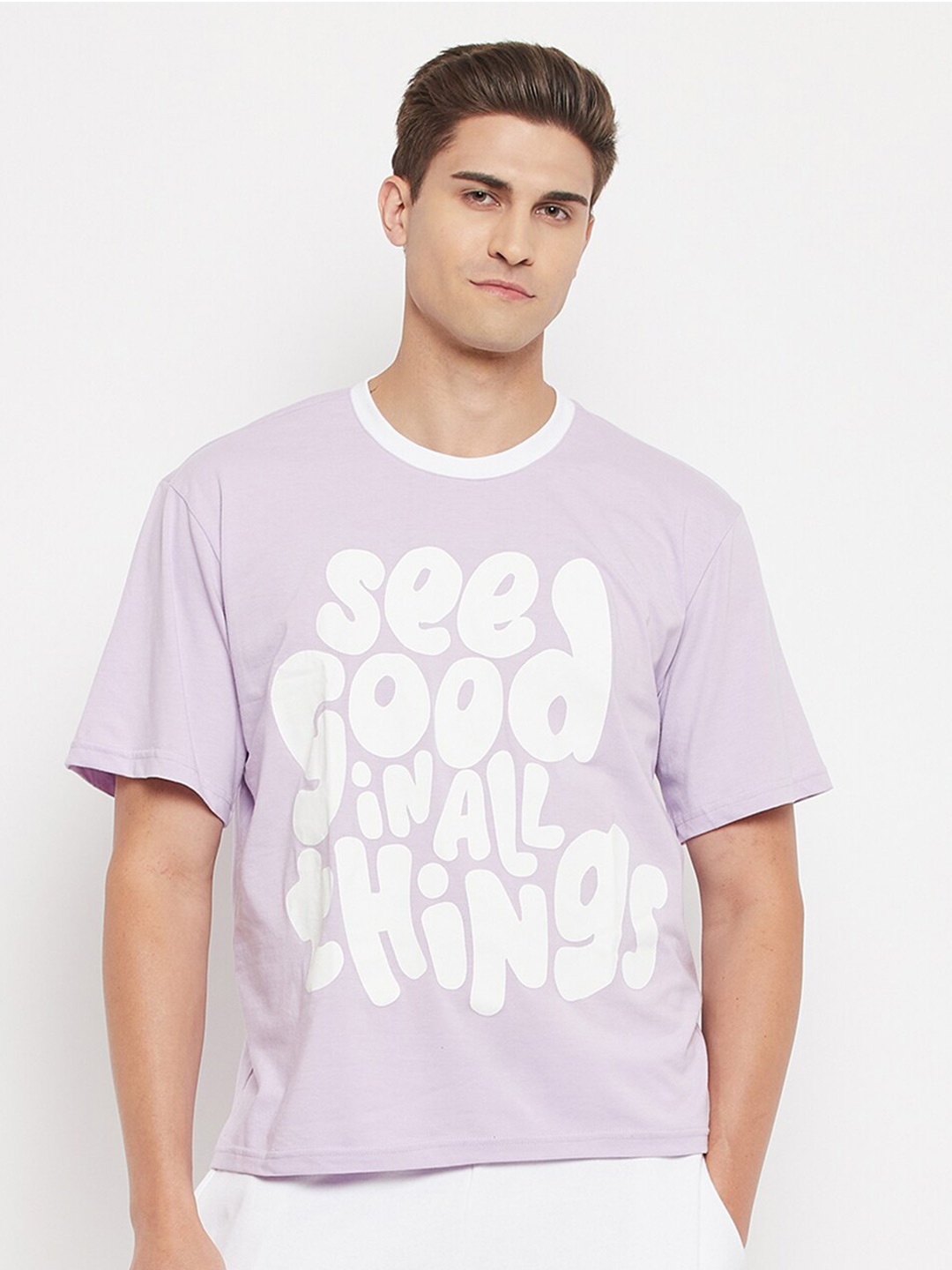 

FUGAZEE Men Purple Typography Printed Pure Cotton Loose Overisized T-shirt