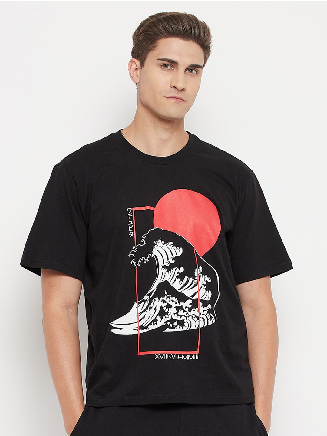 

FUGAZEE Men Black & Coral Printed Loose T-shirt