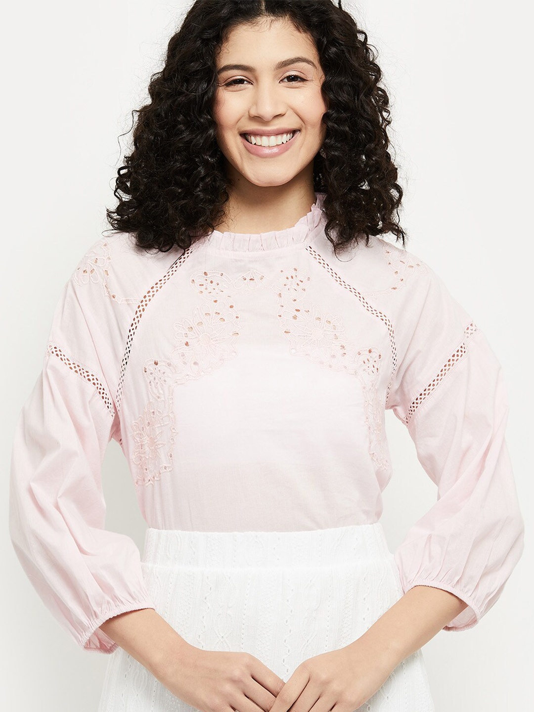 

max Women Pink Self Design High Neck Regular Top