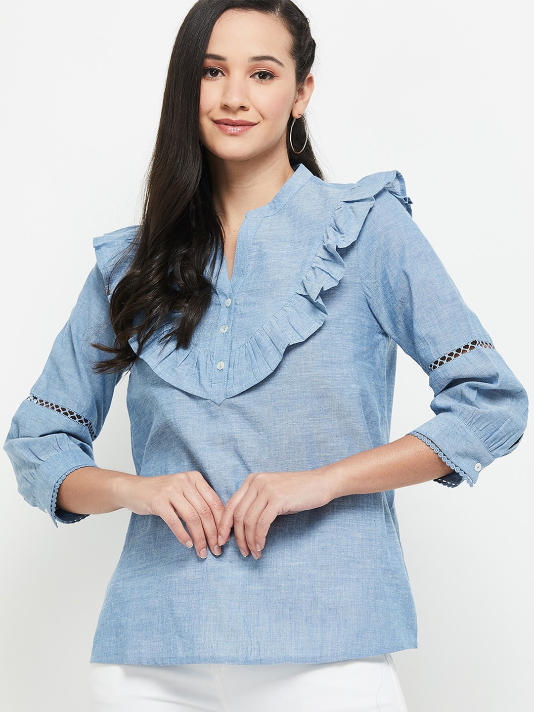 

max Blue Mandarin Collar Top