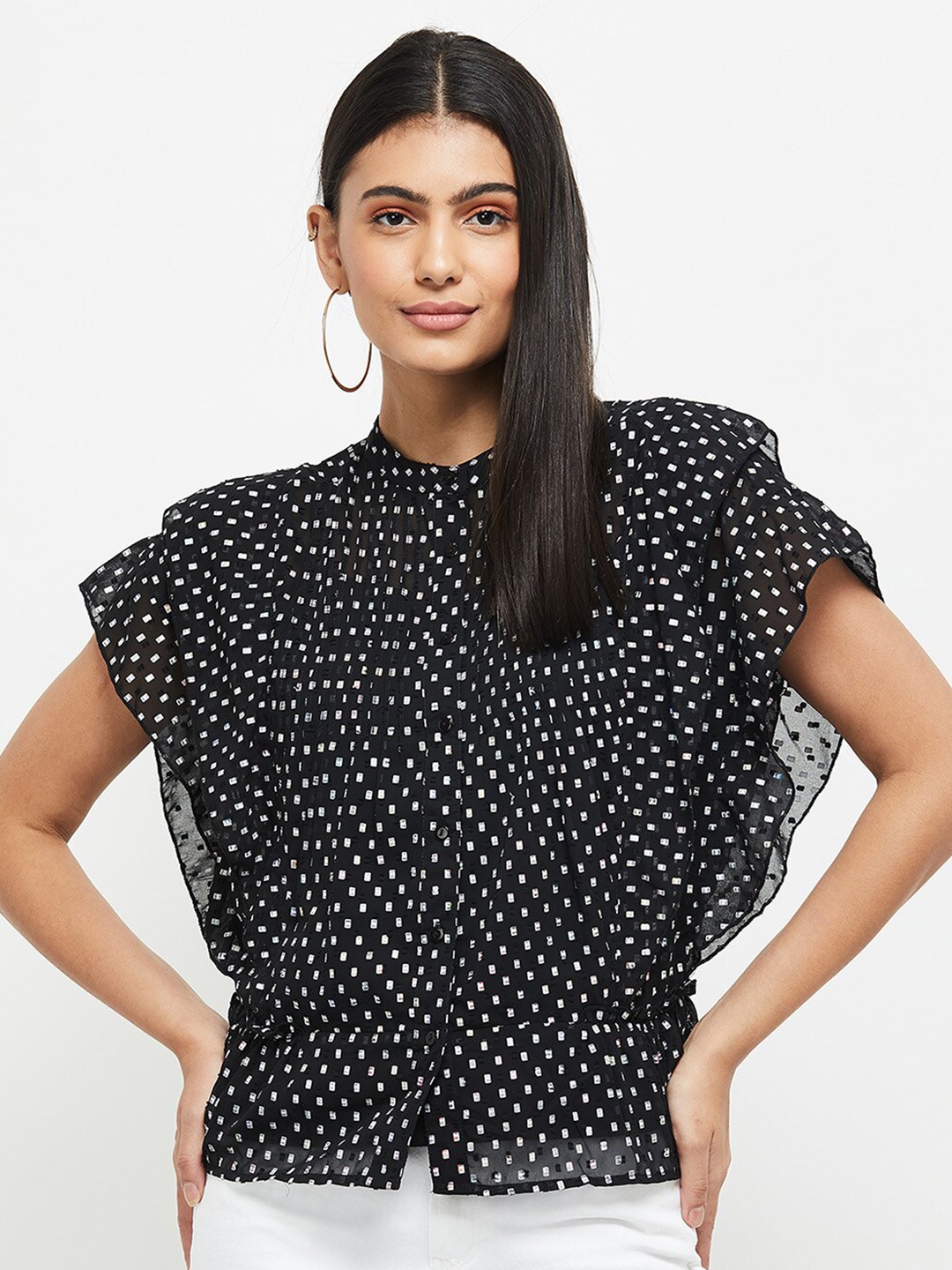 

max Black & White Geometric Print Mandarin Collar Top