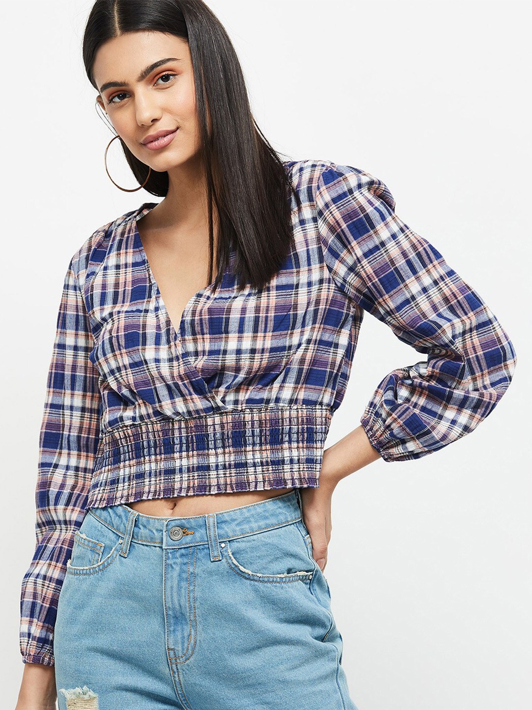 

max Blue Checked Pure Cotton Wrap Crop Top