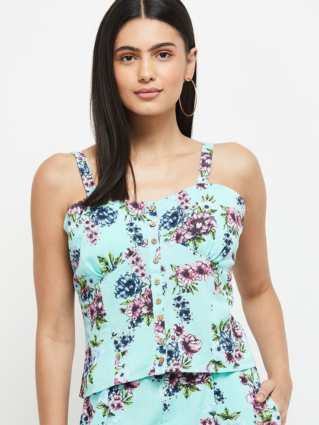 

max Blue Floral Print Smocked Detail Top