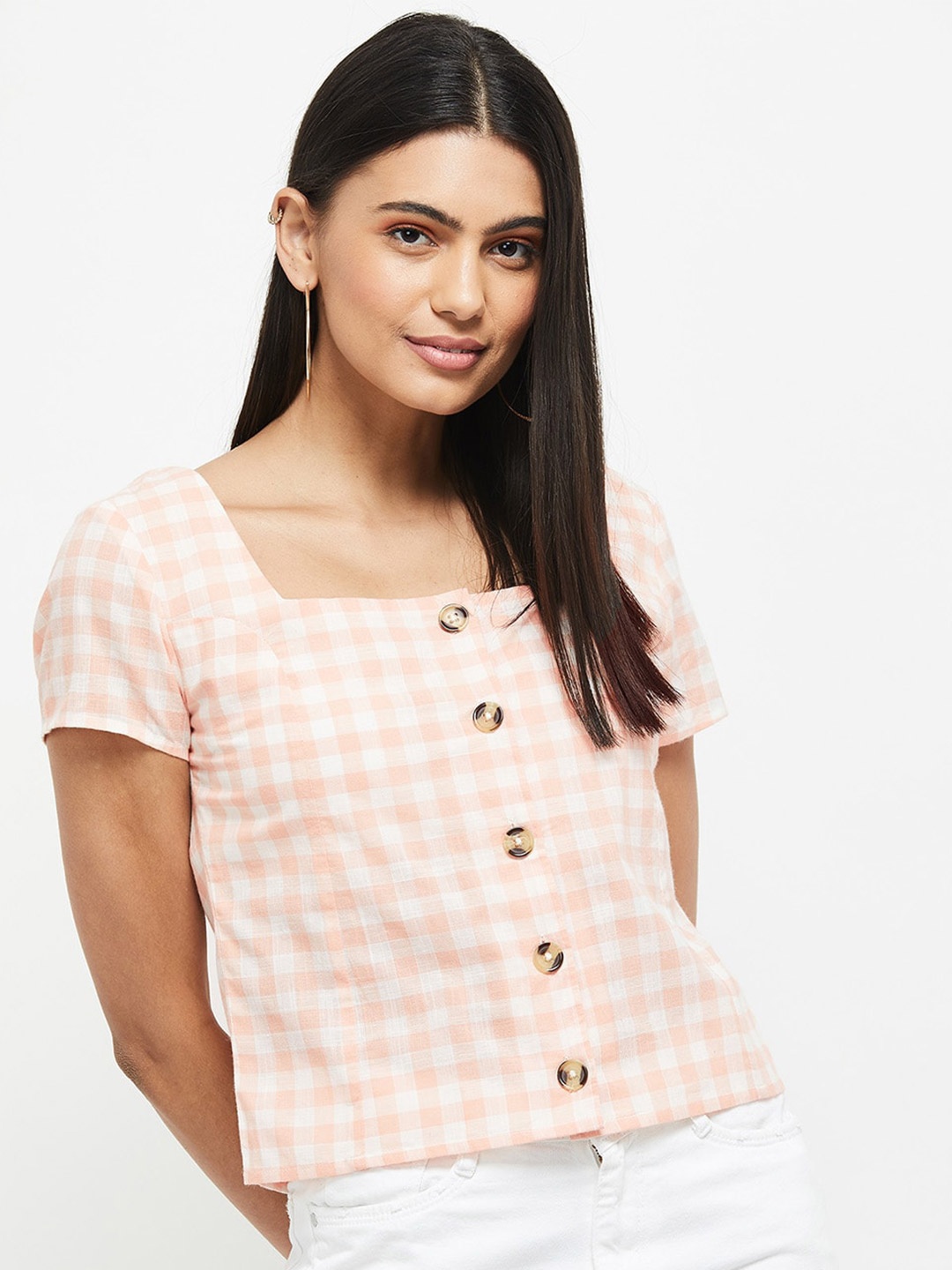 

max Peach-Coloured Checked Crop Top