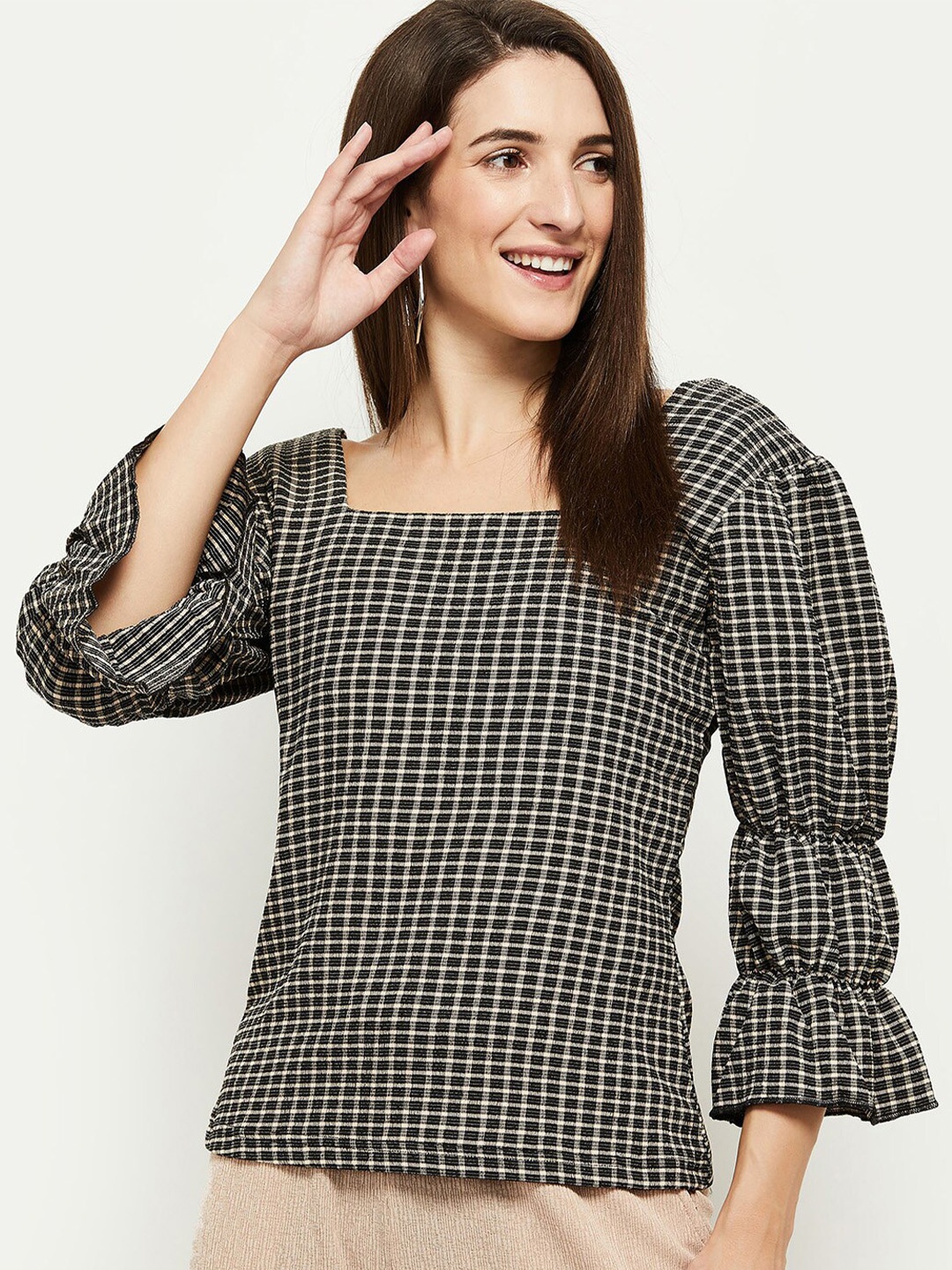 

max Black & Beige Checked Square Neck Puff Sleeves Top