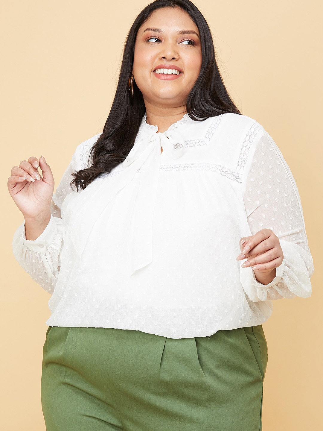 

max Plus Size Women White Tie-Up Neck Top