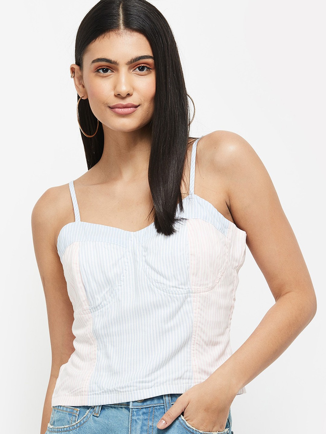 

max Women White & Pink Striped Shoulder Straps Regular Top