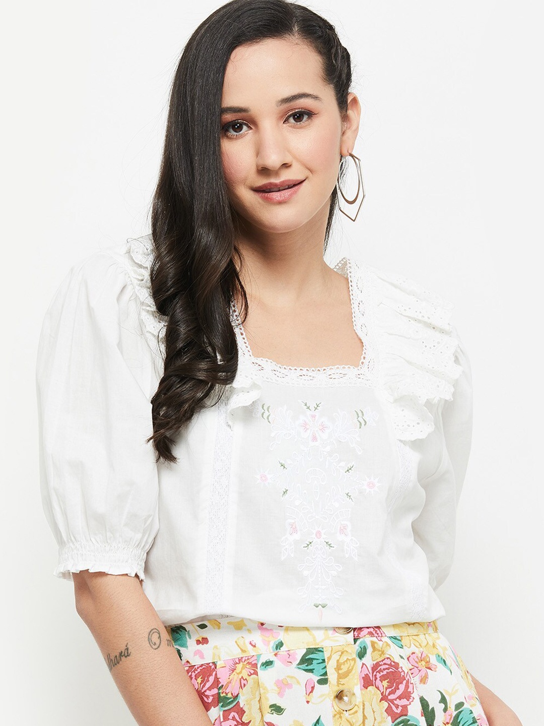 

max White Floral Embroidered Lace Work Pure Cotton Top