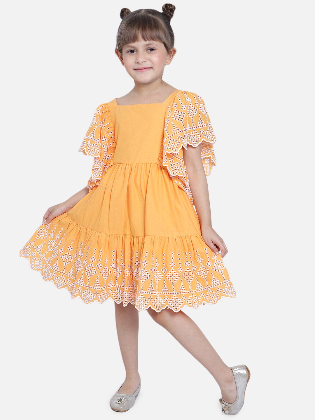 

Nauti Nati Girls Mustard Yellow Self Design Pure Cottton Schiffli Fit & Flare Dress