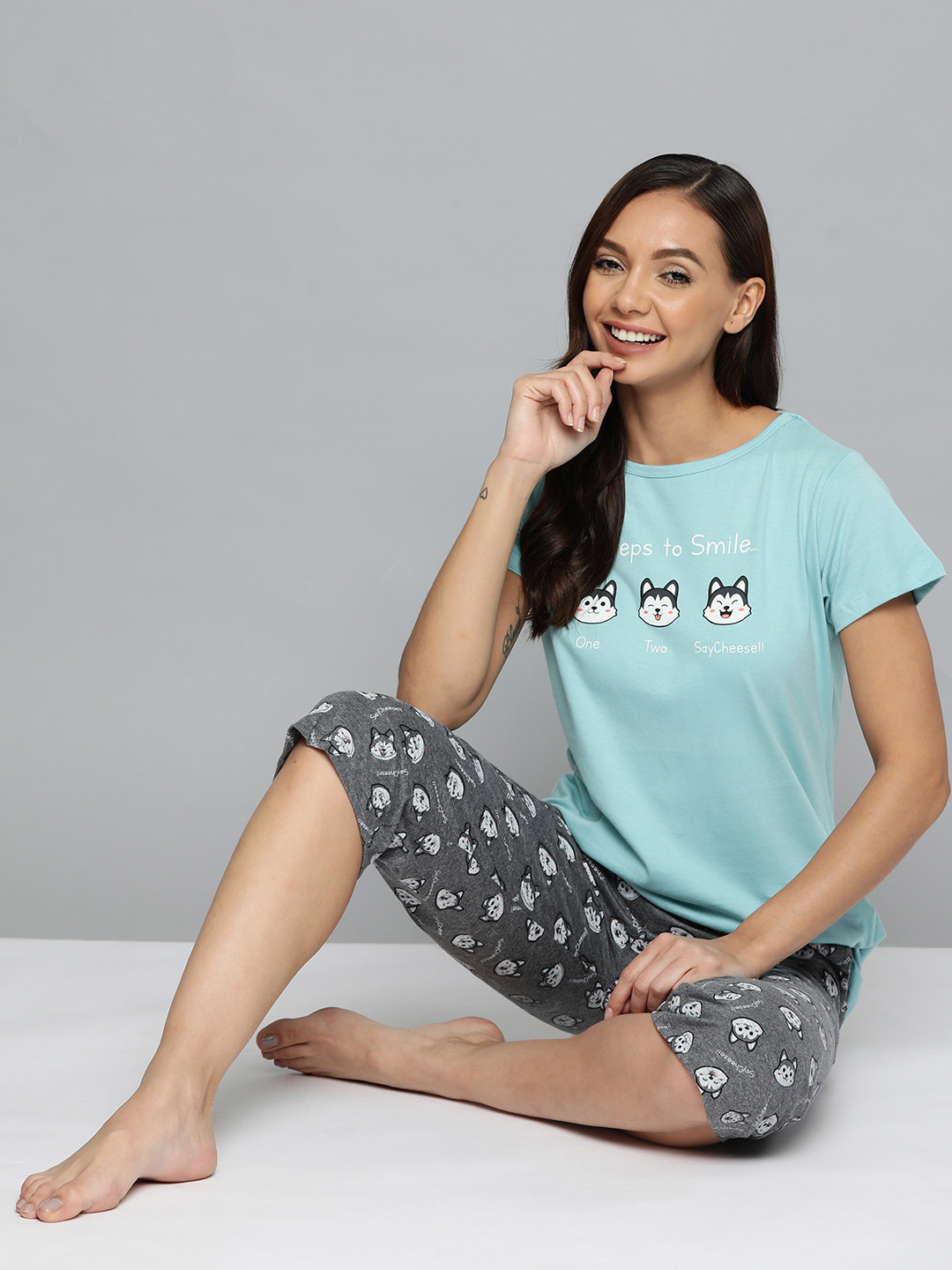 

HERE&NOW Women Blue & Grey Melange Capri Set