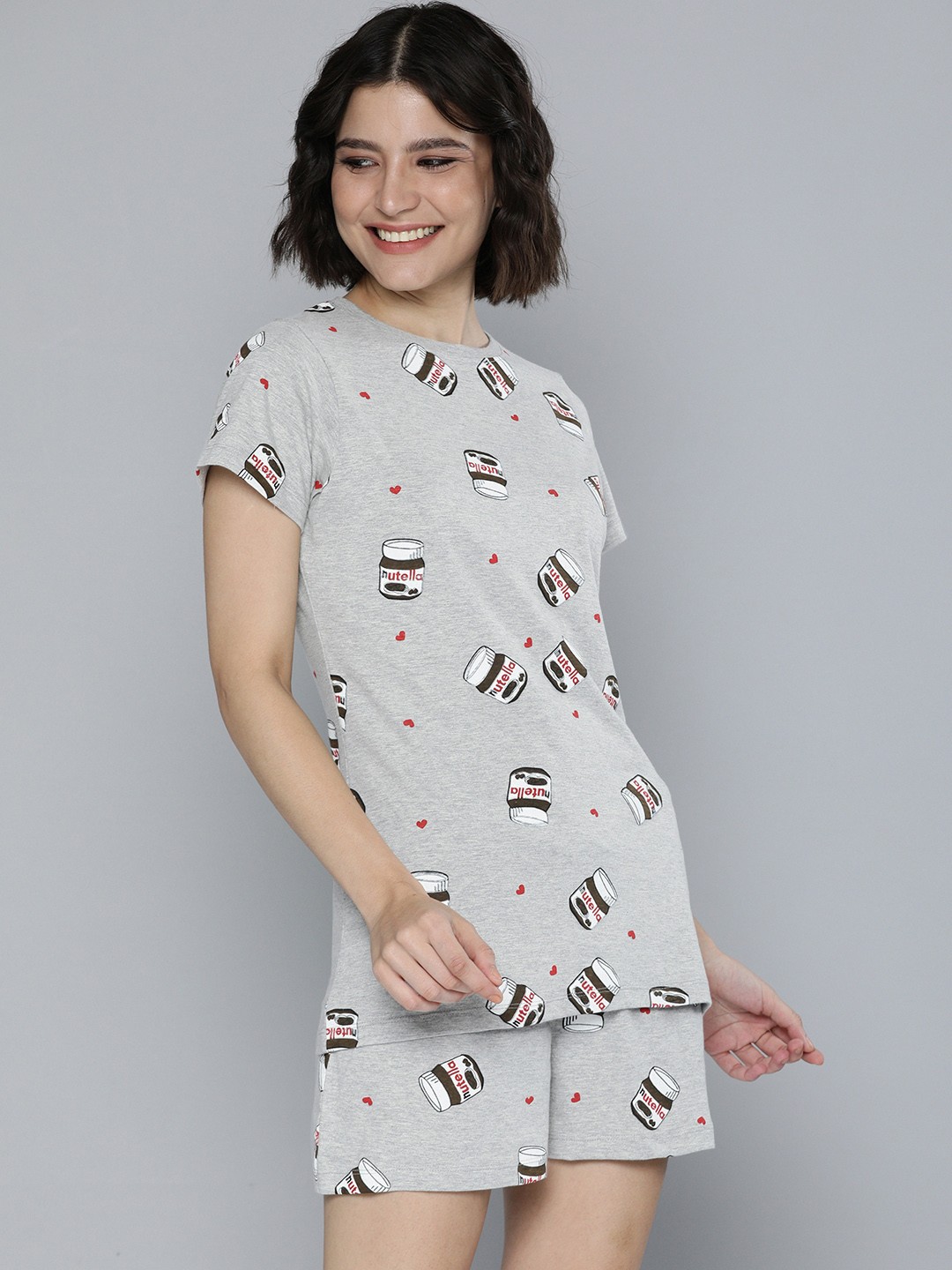 

HERE&NOW Women Grey & Multicoloured Printed Pure Cotton Casual Night suit