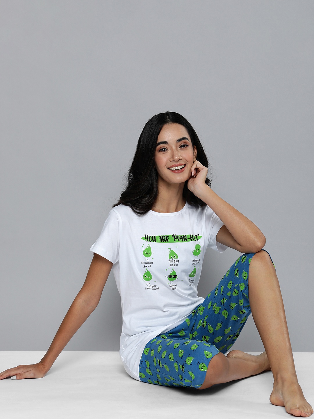 

HERE&NOW Women White & Blue Conversational Printed Casual Night suit