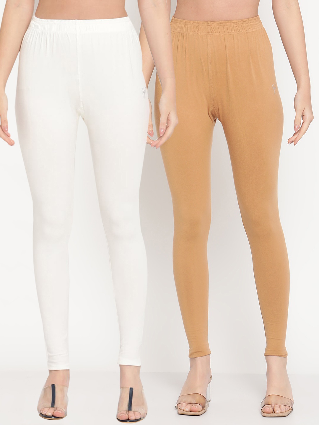 

TAG 7 Women Pack Of 2 Solid Comfort-Fit Ankle-Length Leggings, Off white