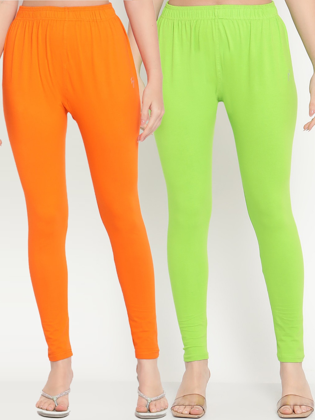 

TAG 7 Women Pack Of 2 Solid Ankle Length Leggings, Lime green
