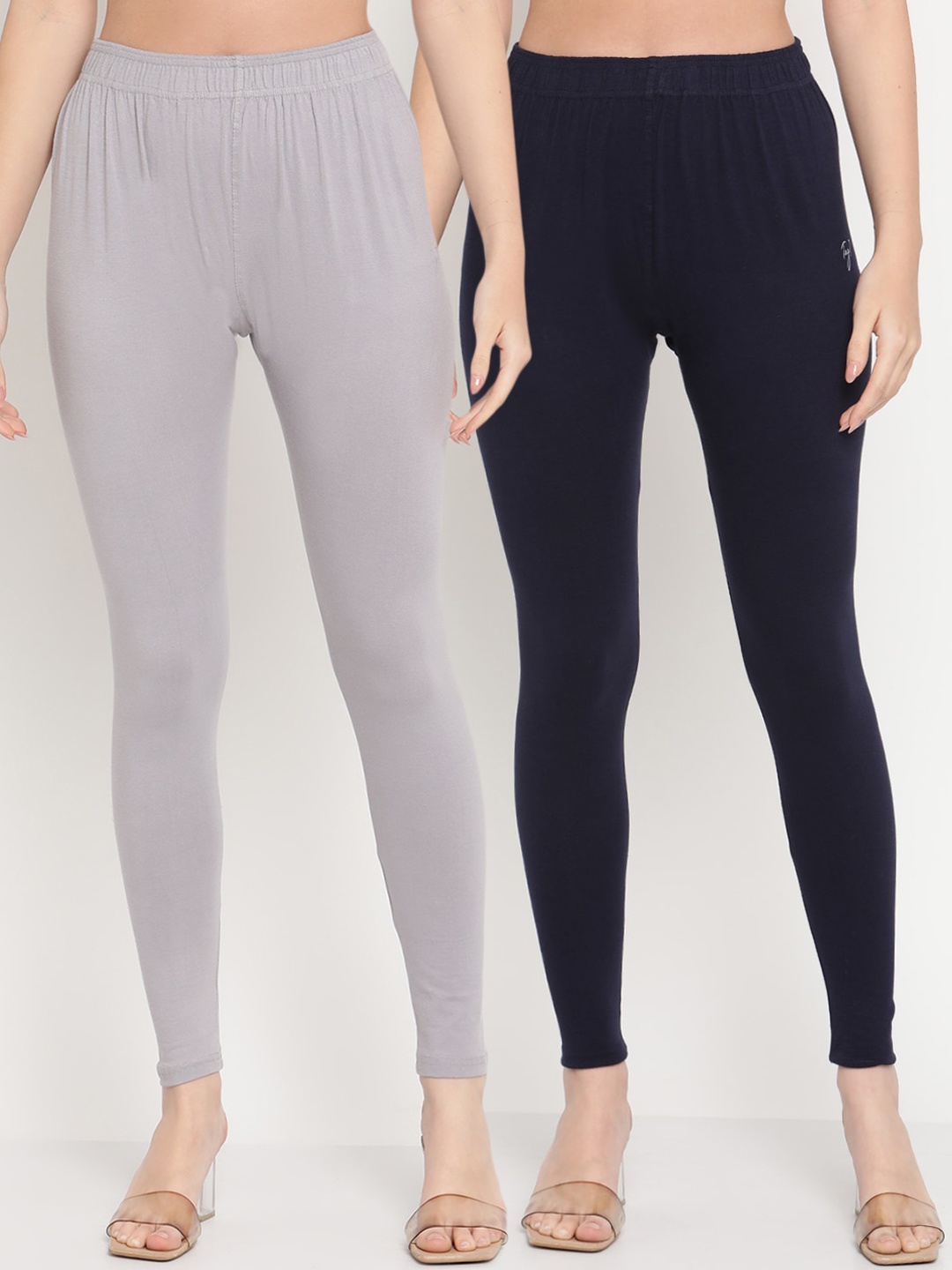 

TAG 7 Women Pack Of 2 Solid Comfort-Fit Ankle-Length Leggings 98% Cotton, Grey