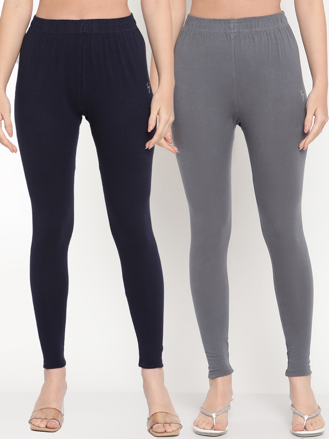 

TAG 7 Women Grey & Black Pack Of 2 Solid Comfort-Fit Ankle-Length Leggings