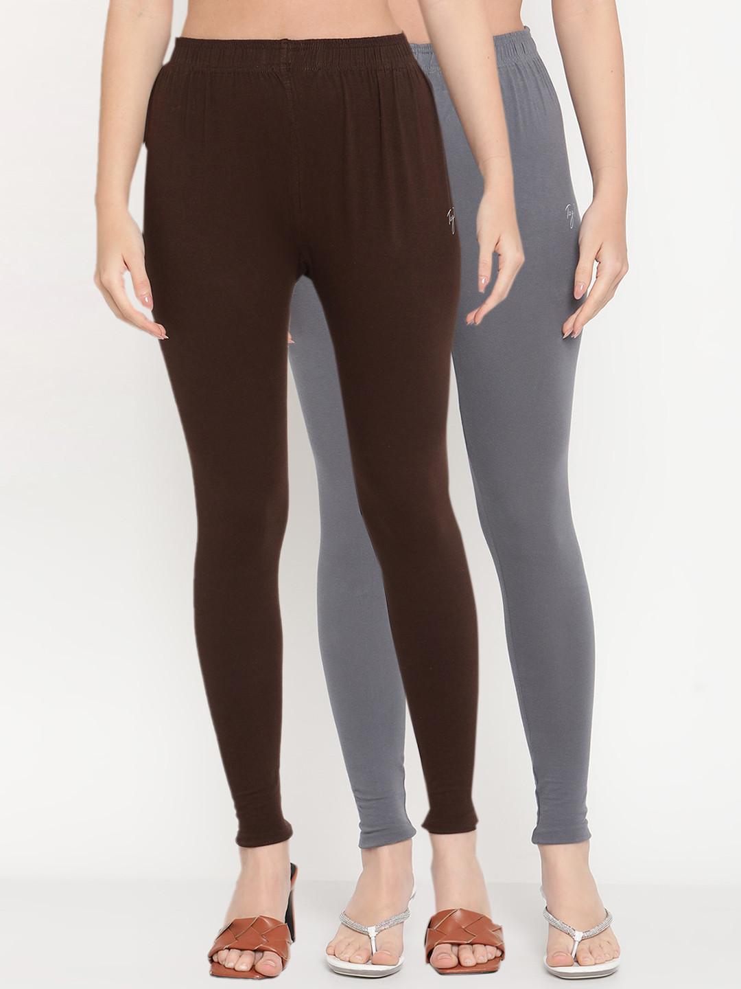 

TAG 7 Women Pack Of 2 Solid Comfort-Fit Ankle-Length Cotton Leggings, Grey